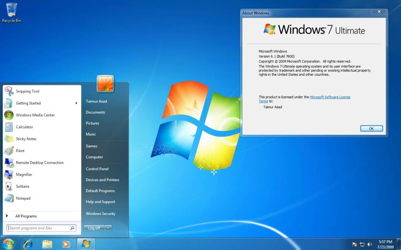 Windows 7 Start Menu and About Windows Dialog (2009)